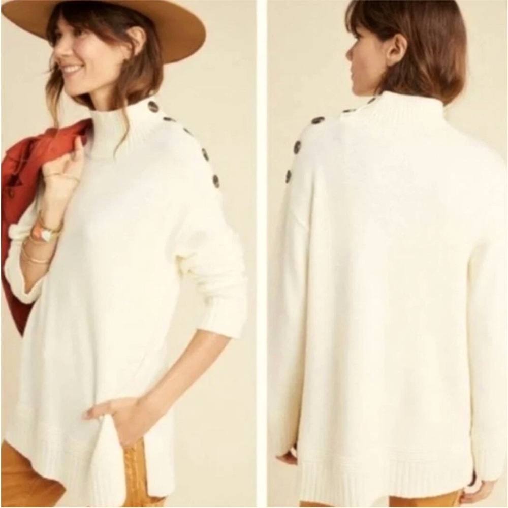 Anthropologie Margarita‎ Tunic Cream IVORY Button-shoulder accent sweater XS